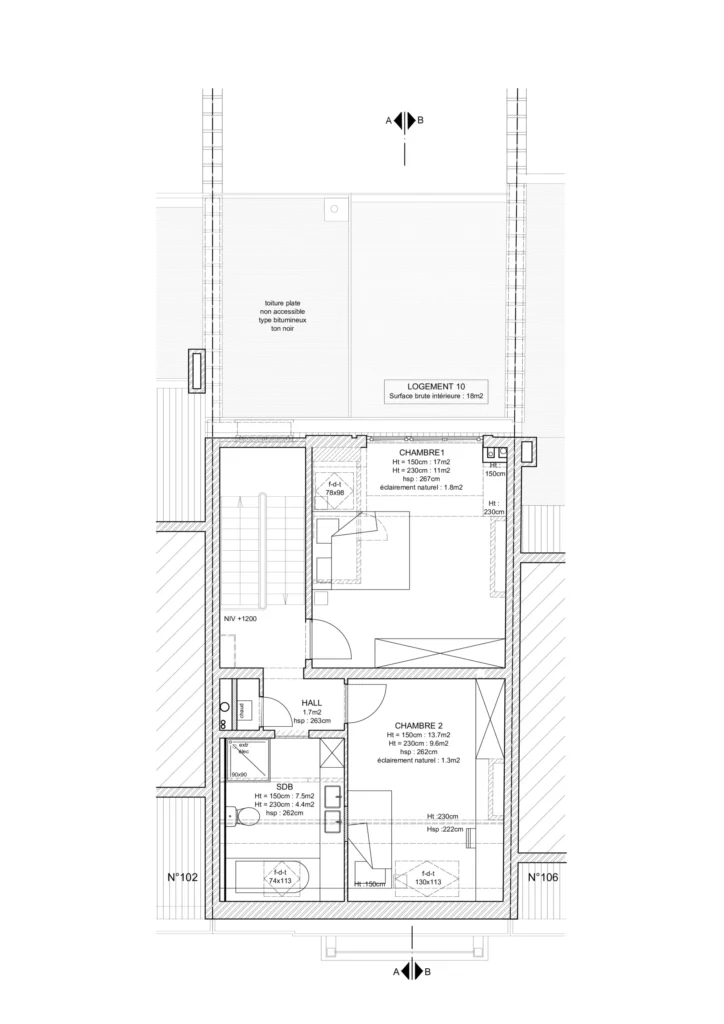 Plan d'architecte du niveau inférieur du Logement 3 (duplex 2 chambres) dans le cadre de la division de maison en plusieurs appartement à Bruxelles