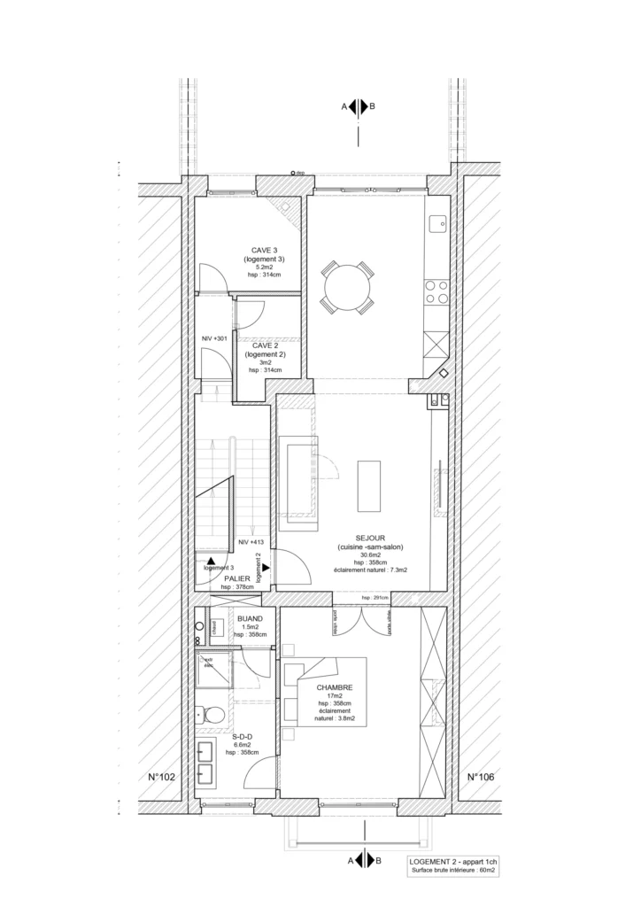 Plan d'architecte du Logement 2 (appartement 1 chambre). dans le cadre d'une division de maison en plusieurs appartements à Bruxelles