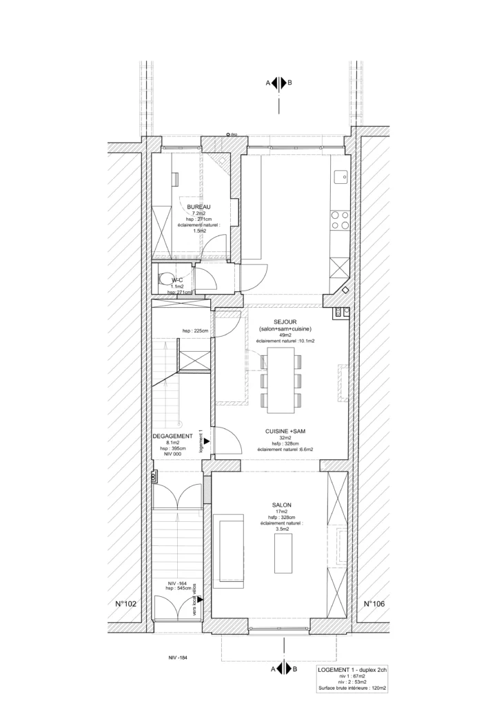 Plan d'architecte du Logement 1 (duplex 2 chambres au rez-de-chaussée) dans le cadre d'une division de maison à Bruxelles