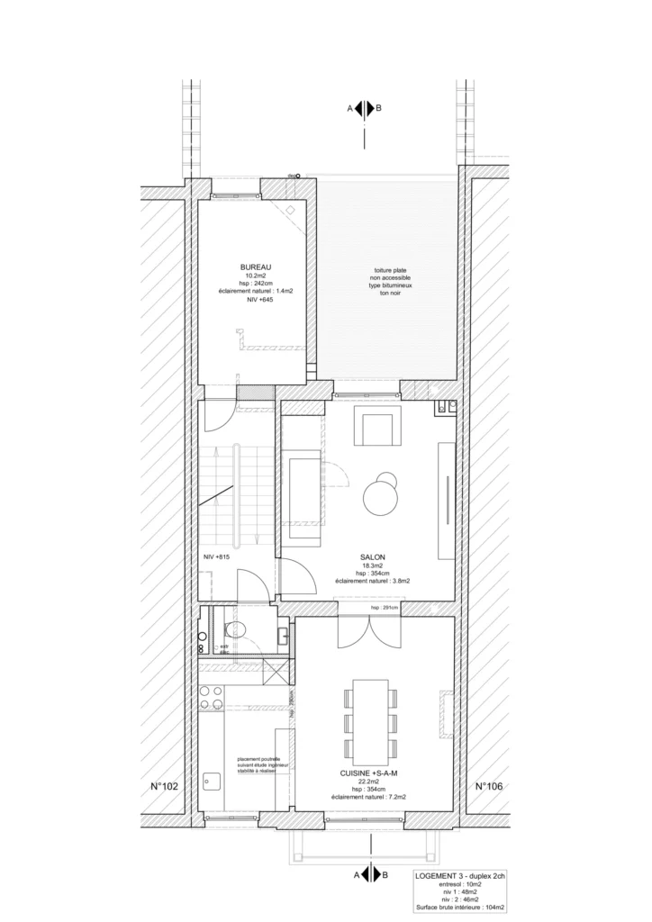 Plan d'architecte du niveau supérieur du Logement 3 (chambres et salle de bain) dans le cadre d'une division de maison en plusieurs appartements à Bruxelles